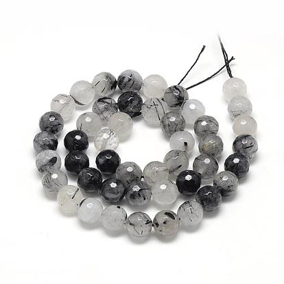 Naturel noir quartz rutile brins de perles, à facettes (128 facettes), ronde