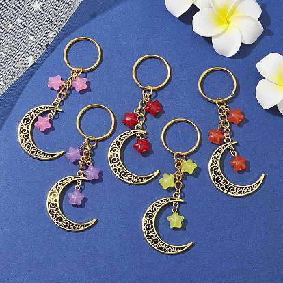 Porte-clés pendentif lune creuse en alliage de style tibétain, avec breloque étoile en acrylique et porte-clés fendus en fer