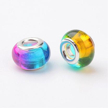 Resin European Beads, Large Hole Rondelle Beads, with Brass Cores, Silver Color Plated, 14x9mm, Hole: 5mm