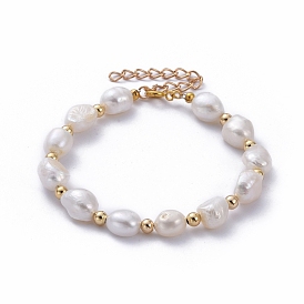 Bracelets de perles de perles de keshi de perles baroques naturelles, avec rallonge de chaîne en fer, perles en laiton et fermoirs à ressort