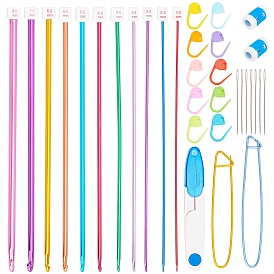 Afghan Aluminum Knitting Needles Set, with Plastic Sewing Scissors & Crochet Knitting Row Round Stitch Maker Counter, Aluminum Stitch Holder, ABS Plastic Knitting Crochet Locking Stitch Markers Holder