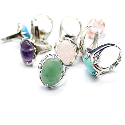 Oval Natural & Synthetic Mixed Stone Adjustable Ring, Platinum Alloy Jewelry for Women