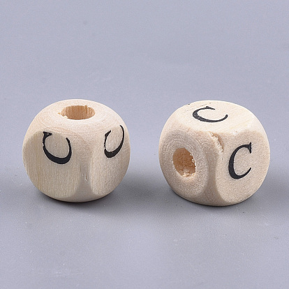 Perles européennes en bois naturel, trou horizontal, Perles avec un grand trou   , non teint, cube avec la lettre