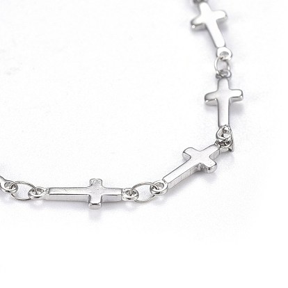 304 Stainless Steel Cross Link Anklets, with Mixed Stone Pendants and Lobster Claw Clasps
