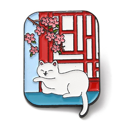 Chinese Style Forbidden City & Cat Theme Enamel Pin, Black Zin Alloy Brooch for Backpack Clothes