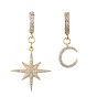 Boucles d'oreilles créoles asymétriques étoiles et lune, avec breloques en laiton et zircone cubique, créoles et boîte à bijoux