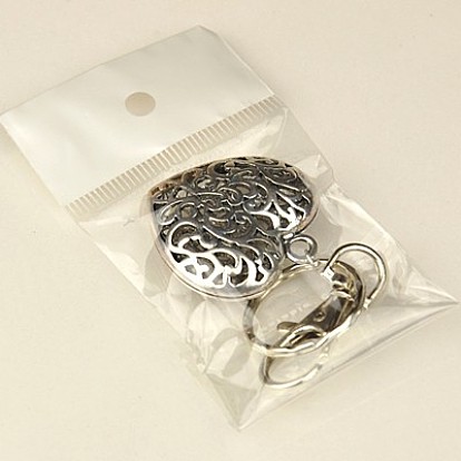 Valentines cadeaux de jour coeur trousseau de style tibétain, avec les accessoires de fermoir clés de fer et fermoirs pivotants en alliage, argent antique, 95mm