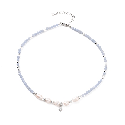 Collar con abalorio de estrella de circonita cúbica transparente con angelita natural y cadenas con cuentas de perlas de imitación para mujer