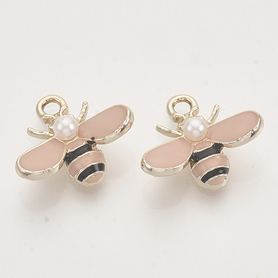 Alloy Enamel Pendants, with ABS Imitation Pearl Plastic Beads, Light Gold, Bee