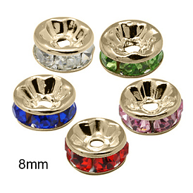 Brass Rhinestone Spacer Beads, Grade AAA, Straight Flange, Nickel Free, Light Gold Metal Color, Rondelle, 8x3.8mm, Hole: 1.5mm
