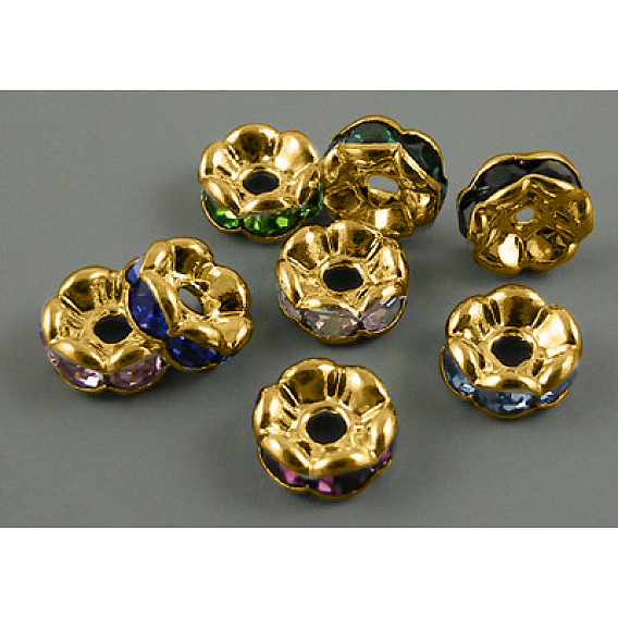 Brass Rhinestone Spacer Beads, Grade A, Wavy Edge, Raw(Unplated), Nickel Free, Rondelle