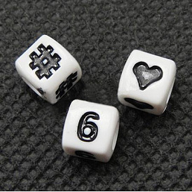 Les perles acryliques de symboles, cube, 7x7x7mm, Trou: 4mm