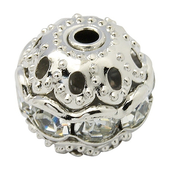 Perles en laiton de strass, Grade a, de couleur métal platine , ronde, 10 mm de diamètre, Trou: 1.2mm