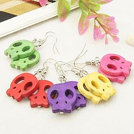 Fashion Earrings For Halloween, with Skull Synthetical Howlite Beads and Brass Earrings Hooks, 43mm