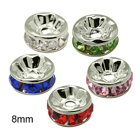 Séparateurs perles en verre avec strass en laiton, grade de aaa, bride droite, sans nickel, de couleur métal platine , rondelle, 8x3.8mm, Trou: 1.5mm