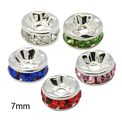 Séparateurs perles en verre avec strass en laiton, grade de aaa, bride droite, sans nickel, couleur argent plaqué, rondelle, 7x3.2mm, Trou: 1.2mm