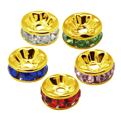 Séparateurs perles en verre avec strass en laiton, Grade a, bride droite, métal couleur or, rondelle