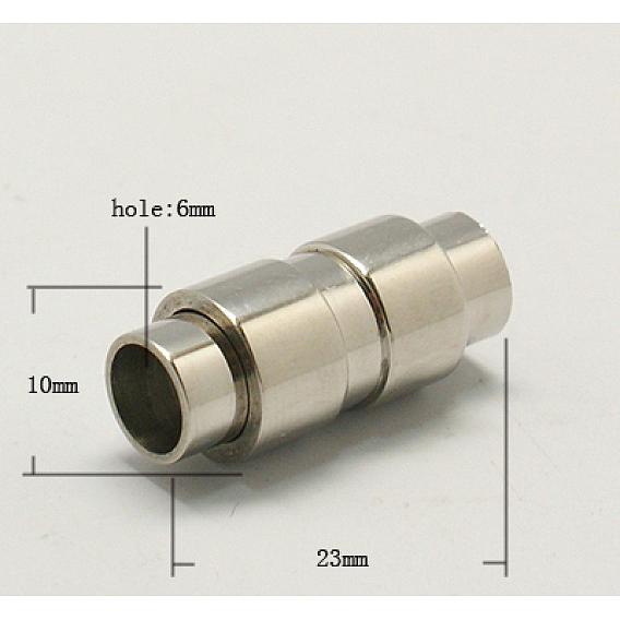 Smooth 304 Stainless Steel Magnetic Clasps with Glue-in Ends, Column, 10x23, Hole: 6mm