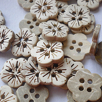 Carved 4-hole Basic Sewing Button in Flower Shape, Coconut Button, 18mm, 100pcs/bag