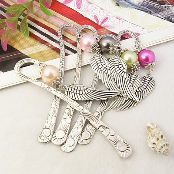 Fashion Tibetan Style Bookmarks, with Imitation Pearl Acrylic Beads and Wing Tibetan Style Pendants, 120mm