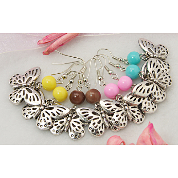 Boucles d'oreilles papillon balancent, avec des perles de verre et de laiton crochet de boucle d'oreille, 45mm