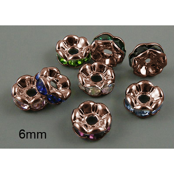 Séparateurs perles en verre avec strass en laiton, grade de aaa, bord ondulé, sans nickel, couleur de métal de cuivre rouge, rondelle, 6x3mm, Trou: 1mm