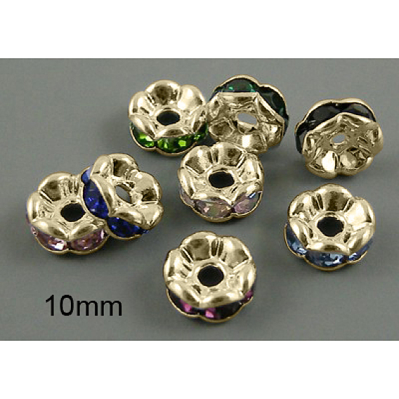Séparateurs perles en verre avec strass en laiton, grade de aaa, bord ondulé, sans nickel, couleur de métal d'or clair, rondelle, 10x4mm, Trou: 2mm