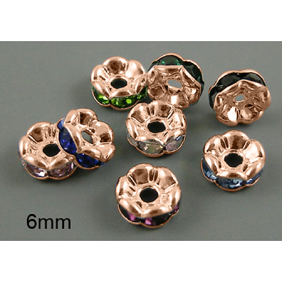 Séparateurs perles en verre avec strass en laiton, grade de aaa, bord ondulé, sans nickel, couleur métal or rose , rondelle, 6x3mm, Trou: 1mm