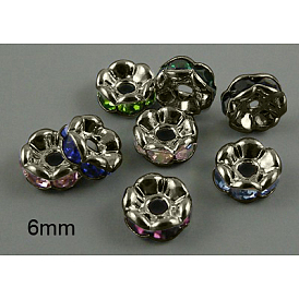 Brass Rhinestone Spacer Beads, Grade AAA, Wavy Edge, Nickel Free, Gunmetal, Rondelle, 6x3mm, Hole: 1mm