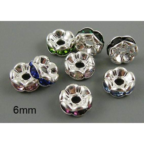 Séparateurs perles en verre avec strass en laiton, grade de aaa, bord ondulé, sans nickel, de couleur métal platine , rondelle, 6x3mm, Trou: 1mm