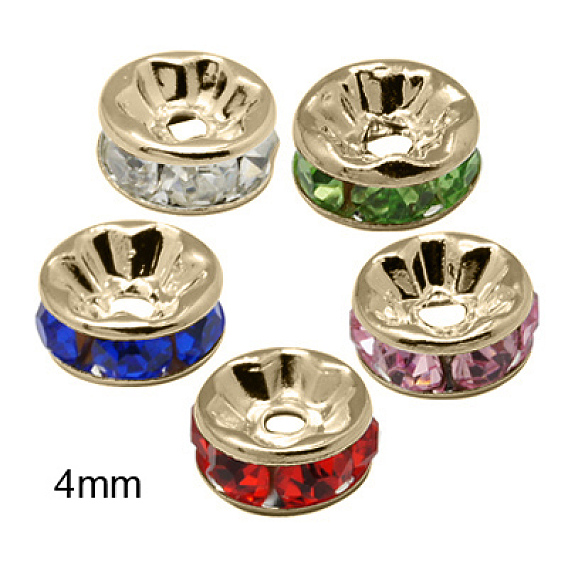 Brass Rhinestone Spacer Beads, Grade AAA, Straight Flange, Nickel Free, Light Gold Metal Color, Rondelle, 4x2mm, Hole: 1mm
