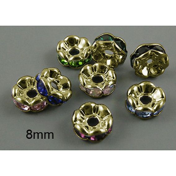 Séparateurs perles en verre avec strass en laiton, grade de aaa, bord ondulé, sans nickel, métal couleur bronze antique, rondelle, 8x3.8mm, Trou: 1.5mm