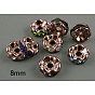 Brass Rhinestone Spacer Beads, Grade AAA, Wavy Edge, Nickel Free, Red Copper Metal Color, Rondelle, 8x3.8mm, Hole: 1.5mm