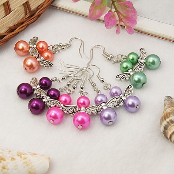 Trendy Glass Pearl Fairy Wing Dangle Earrings, with Tibetan Style Beads, Brass Earring Hooks, 45mm long