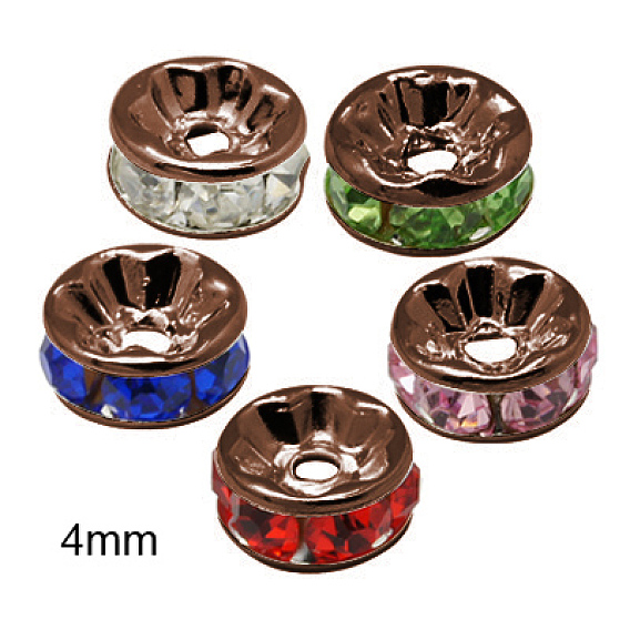 Séparateurs perles en verre avec strass en laiton, grade de aaa, bride droite, couleur de métal de cuivre rouge, rondelle, 4x2mm, Trou: 1mm