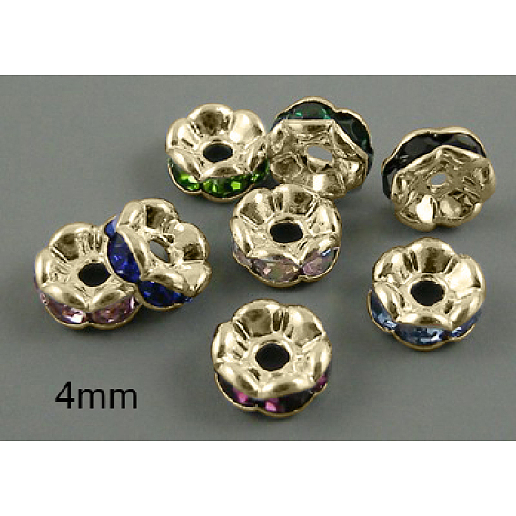 Séparateurs perles en verre avec strass en laiton, grade de aaa, bord ondulé, sans nickel, couleur de métal d'or clair, rondelle, 4x2mm, Trou: 1mm