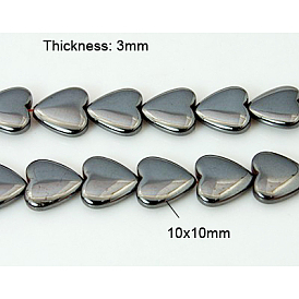 No magnéticos hebras de perlas de hematita sintética, corazón, negro, 10x10x3 mm, agujero: 1 mm