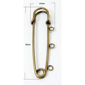 Iron Brooch Findings, Kilt Pins, Nice for DIY Brooch Making, 70x21mm, Hole: 3~5mm, Pin: 0.5mm