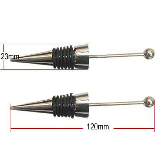 Alloy Bottle Stoppers, with Iron Stick and Round Beads, Black Rubber Rings, Cone, 120x20.5mm