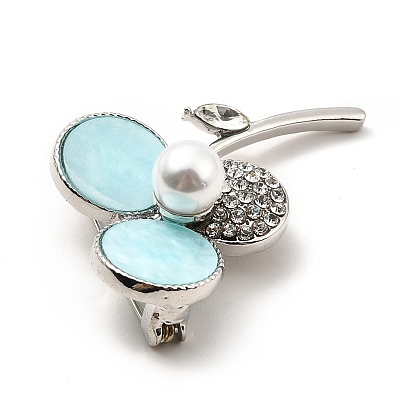 Pin de solapa de trébol de diamantes de imitación de cristal con cuentas de perlas abs, broche de aleación de platino con acrílico para ropa de mochila, sin plomo y cadmio