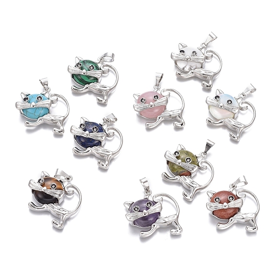 Colgantes de gatito de piedras preciosas, con fornituras de latón de tono platino, forma de gato de dibujos animados