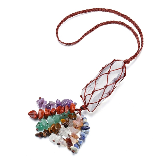 Quartz cristal chakra thème grandes décorations pendantes, tricot à la main avec pompon de pierres précieuses naturelles, balle