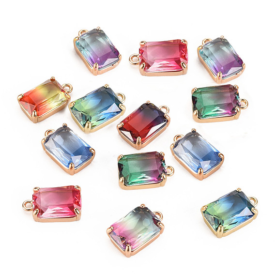 Gradient Color Glass Pendants, with Brass Prong Settings, Faceted, Rectangle, Light Gold