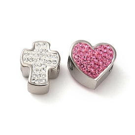 304 Stainless Steel European Beads, with Polymer Clay Rhinestone, Large Hole Beads, Stainless Steel Color, Heart & Cross