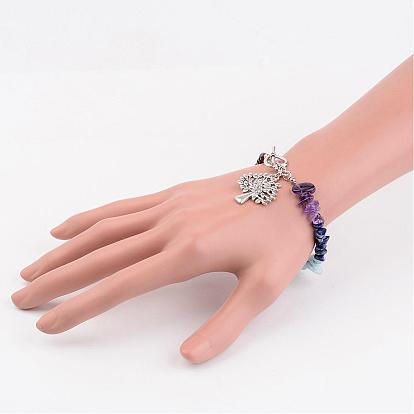 Chakra bijoux, bracelets de perles de pierres précieuses naturelles, avec fermoirs T en alliage coeur et accessoires en laiton, arbre de la vie