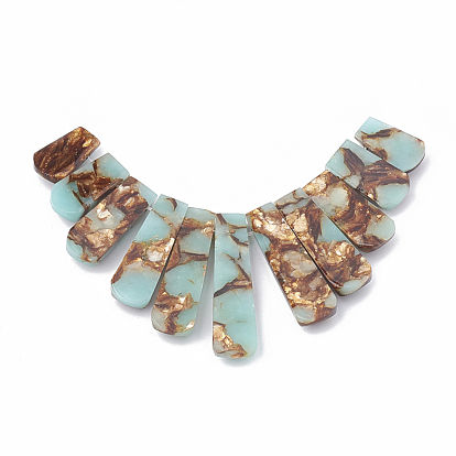 Brins de perles de bronzite et aqua terra synthétiques assemblés, pendentifs éventails gradués, perles focales