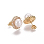 Brass Micro Pave Cubic Zirconia Stud Earrings, with Pearl, Golden