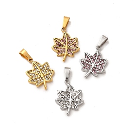 304 Stainless Steel Pendants, with Rhinestone, Maple Leaf Charm