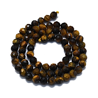 Natural Tiger Eye Beads Strands, Faceted(64 Facets), Round