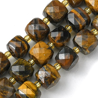 Natural Tiger Eye Beads Strands, with Seed Beads, Faceted Cube